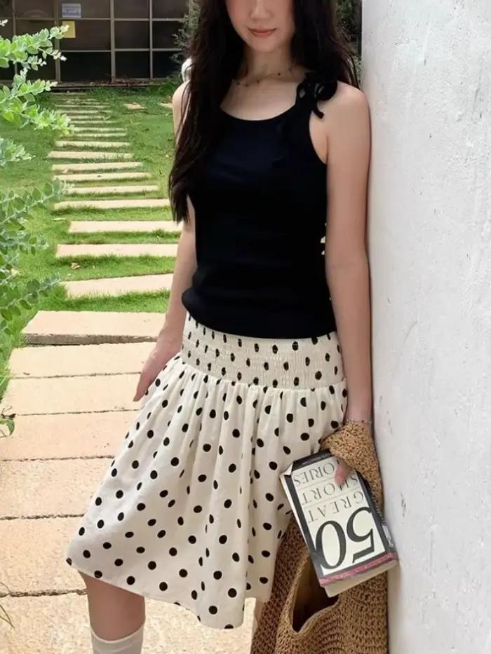 Deeptown Jupes à pois style coréen pour femmes, élégantes et douces, jupes à volants Y2K, vintage, estivales, coupe trapèze mi-longues, esthétique