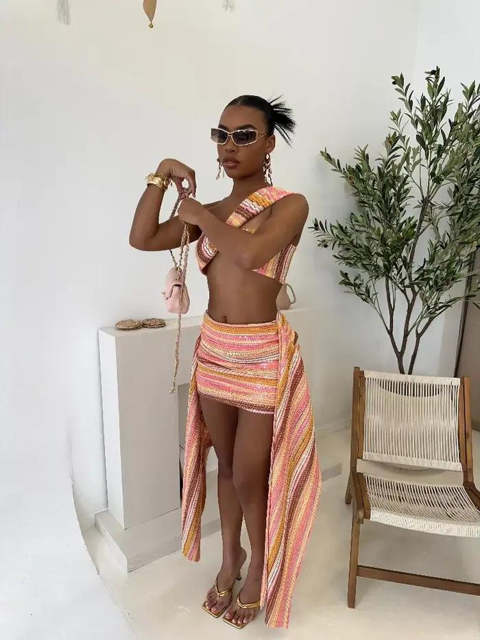Tricot paillettes Sexy une épaule jupe femmes ensemble coloré haut court drapé Mini jupes mince moulante 2 pièces ensembles dame vêtements de plage