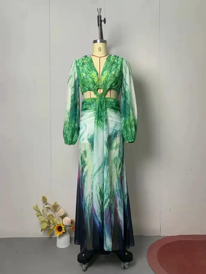 Ensemble 2 pièces jupe fendue pour femmes, costume de plage, haut imprimé, jupes longues, longueur au sol, tenues pliables, col en V, Ensemble Sexy d'été 2025