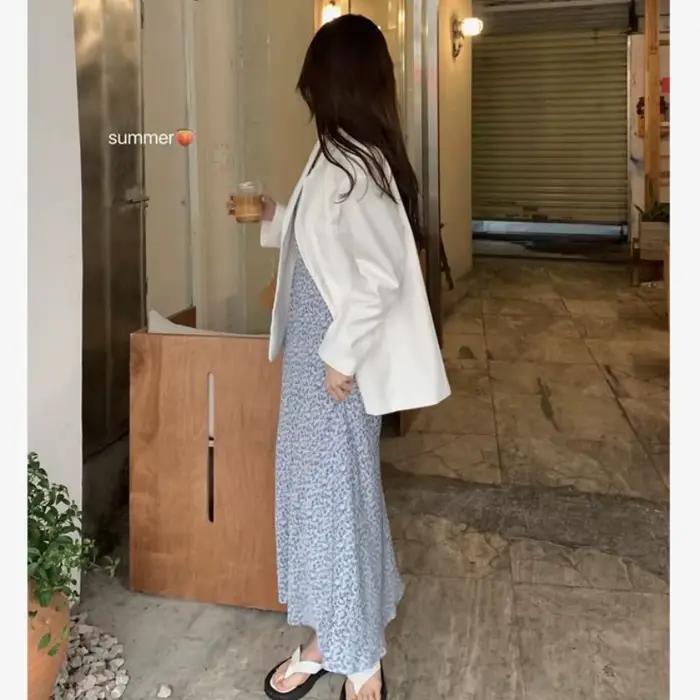 Robe longue d'été pour femme, robe à fleurs bleue, style français, robe vintage pour les vacances