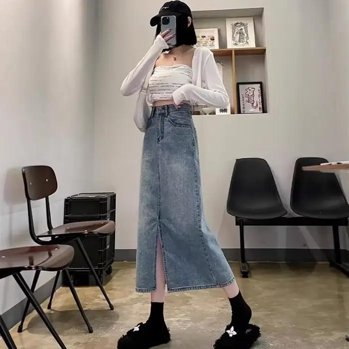 Jupe mi-longue en jean taille haute pour femme