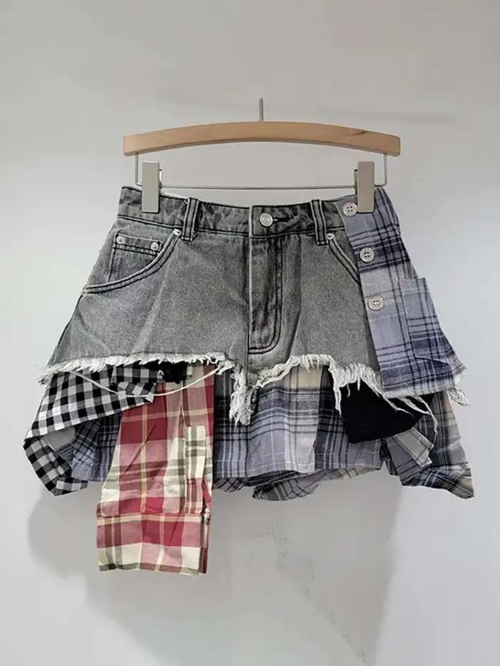 DEAT – jupe en jean pour femmes, Patchwork à carreaux colorés, déconstruit irrégulier, ligne a, taille haute, Mini jupe, nouvelle mode printemps 2026