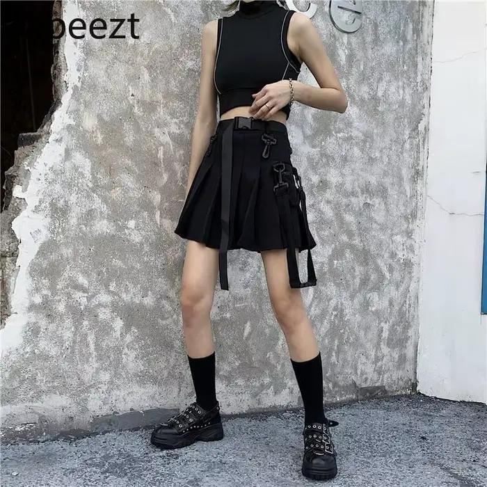 Jupe-culotte noire pour femme, Style Harajuku, Super offre spéciale, taille haute plissée, jupe trapèze, coupe régulière, été