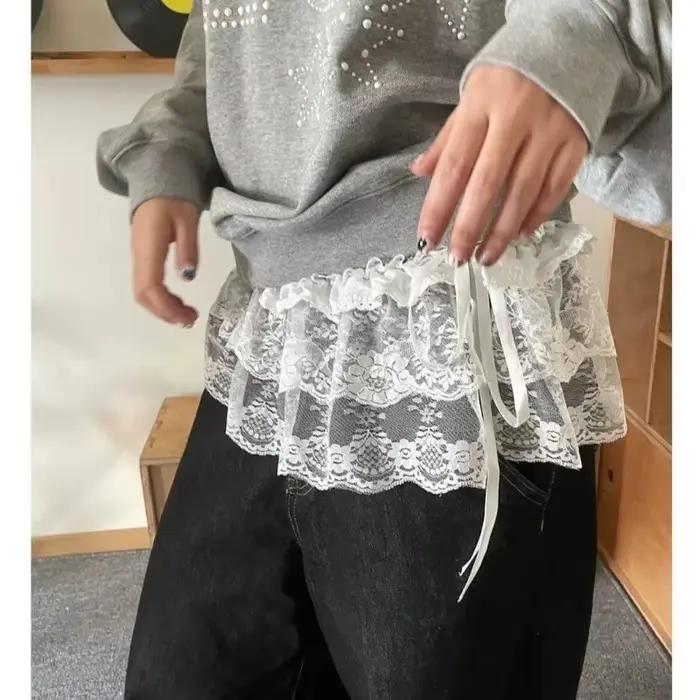 Femmes Y2K coréen dentelle Mini jupe superposée Streetwear à lacets volants Harajuku taille haute plissée dames