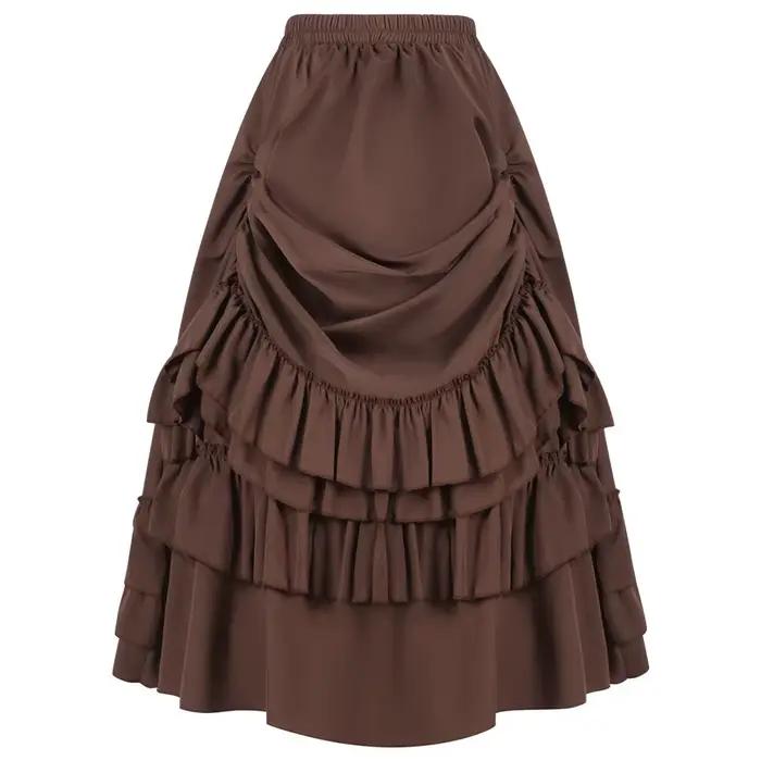 Jupe victorienne longue taille haute à volants marron