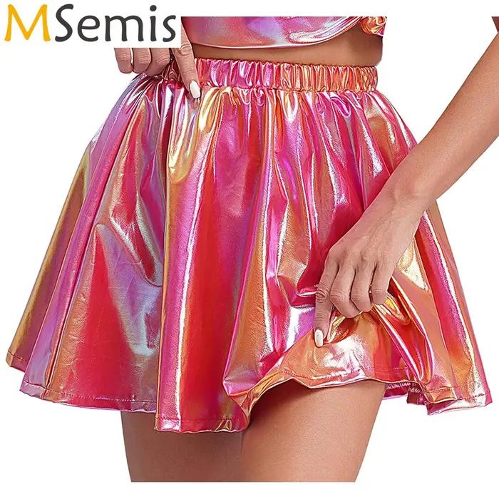 Mini jupes métalliques brillantes pour femmes, jupe de danse à volants, taille haute, évasée, Rave Bar Club, Costume Y2K