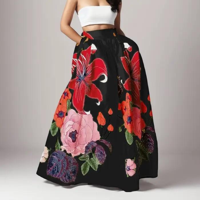 Jupe Maxi bohème imprimé fleuri pour femmes taille haute poche plage fête longue