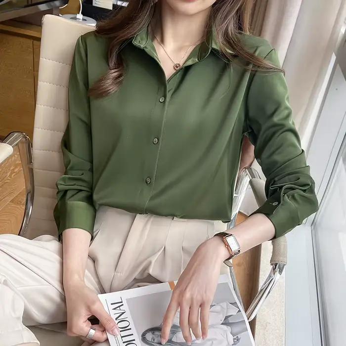 Blusas Blouses Femme à manches longues vert blanc Blouse haut pour femme Blouse femmes Blusas Mujer De Moda 2024 chemisier en mousseline De soie chemise E678