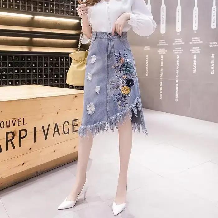 Jupe en jean mi-longue taille haute potelée pour femme