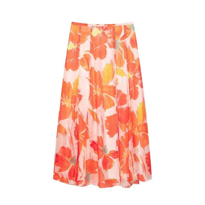 Jupe midi amincissante taille haute imprimée
