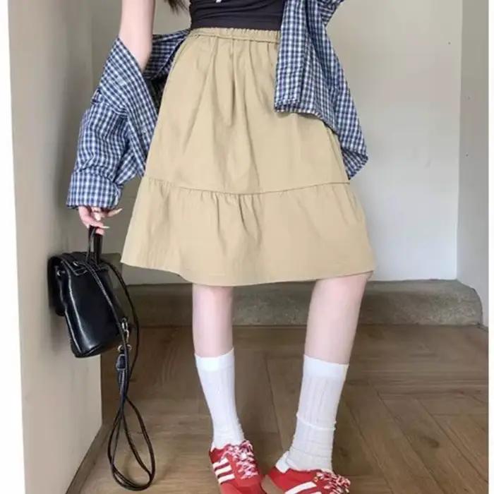 Jupe plissée taille haute décontractée, Style paresseux, polyvalente, amincissante, ligne a, jupe Midi en tissu Polyester, printemps