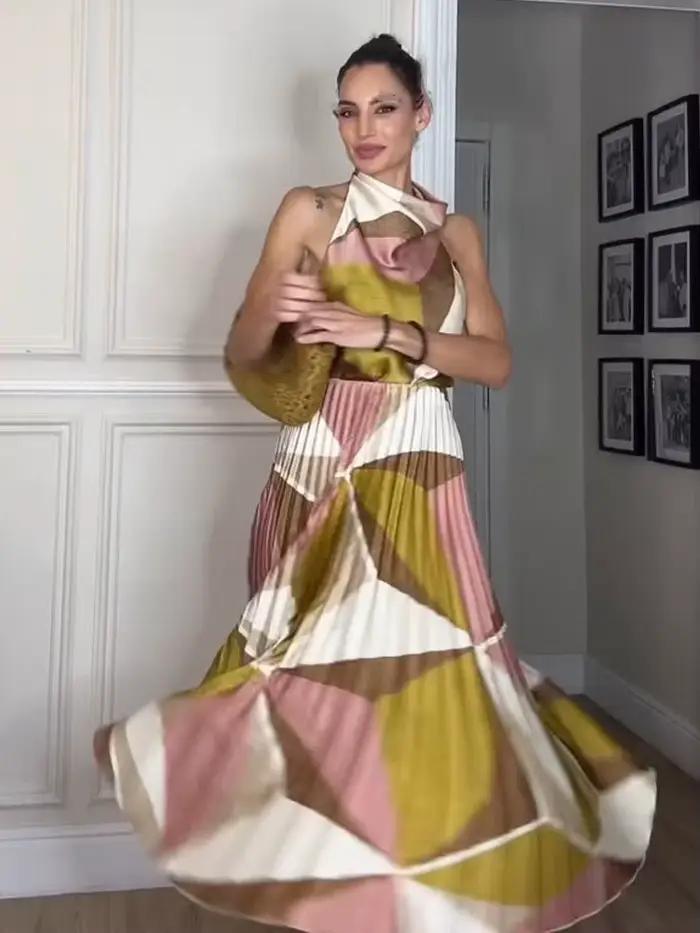 HH femmes mode jupe sans manches motif géométrique costume dos nu col suspendu haut + a-ligne plissée imprimé