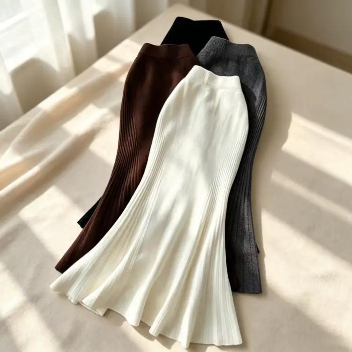 Jupe longue plissée en maille côtelée pour femme, taille haute élastique, coupe trapèze fluide, couleur unie, style coréen, décontractée, pour l'hiver
