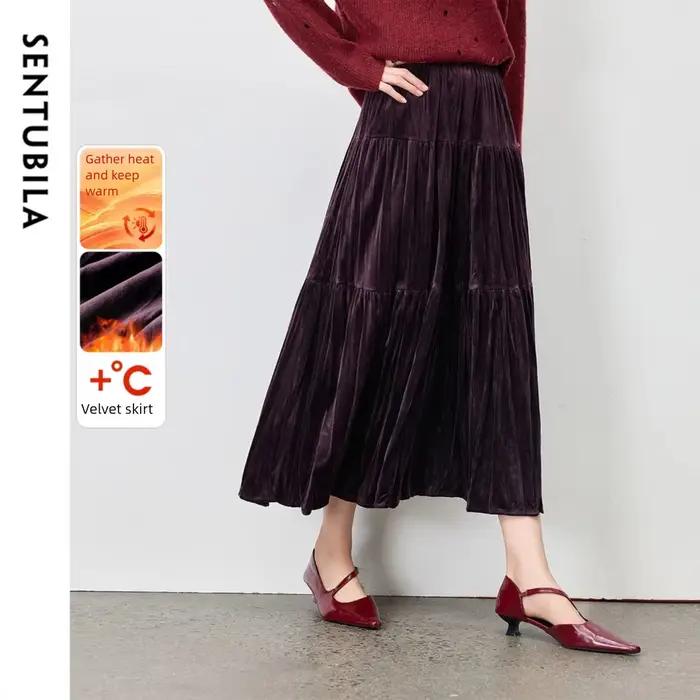 Jupe en velours Sentubila pour femme, élégante jupe à volants, automne-hiver 2026, polyester doux, taille élastique, design moderne, coupe ample trapèze, idéale pour le bureau et les soirées chic
