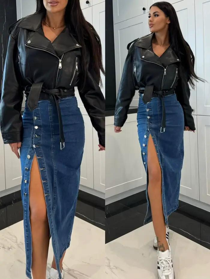 Automne femmes taille haute rétro bouton irrégulier jupe fente lavé bleu Denim jupes femme paquet hanche jean