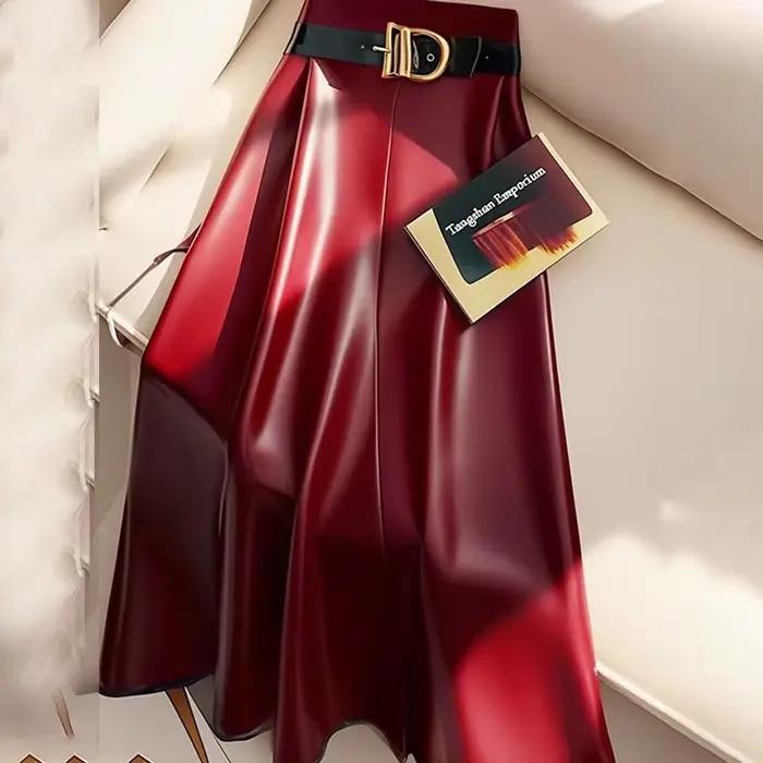 Jupe mi-longue en cuir PU rouge pour femmes