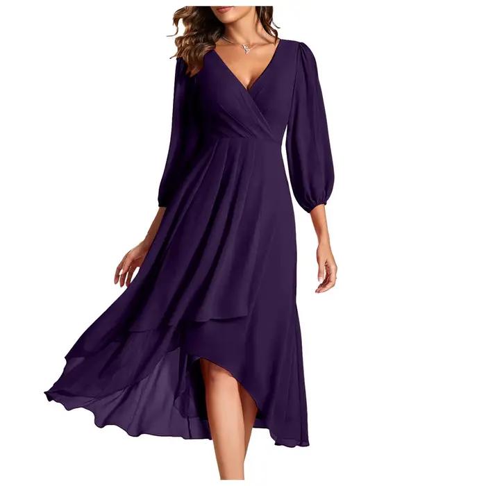 Robe en mousseline de soie fluide à plusieurs niveaux pour femme, robe trapèze plissée, col en V, manches longues, longueur midi, robe éducative, robe d'invité de mariage