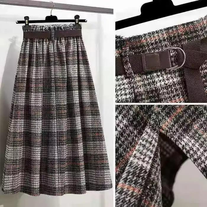 Jupe femme grande taille Tweed Plaid automne hiver a-ligne mi-longue plissée irrégulière Vintage vêtements