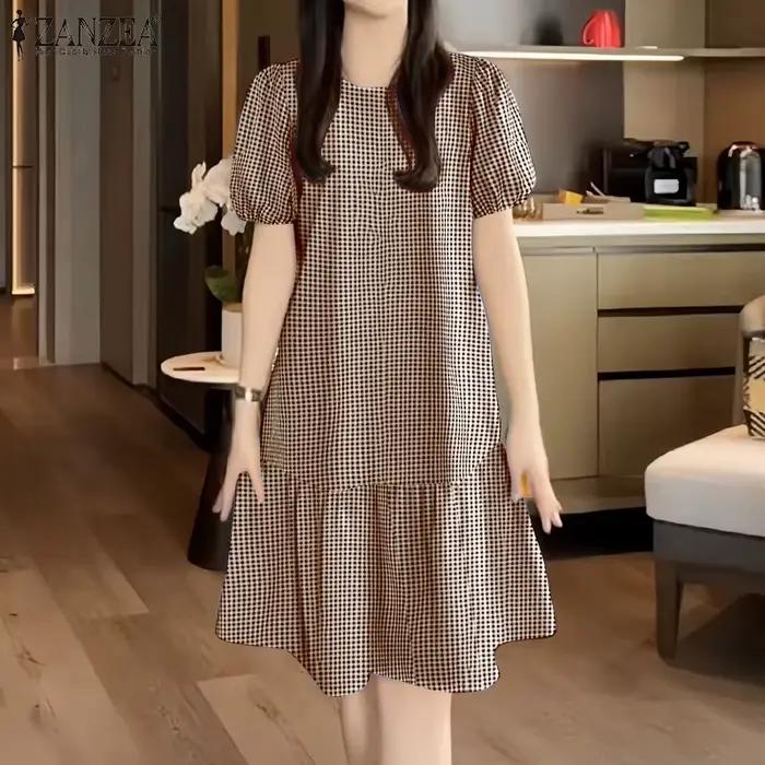ZANZEA Robe décontractée à carreaux pour femme, col rond, manches courtes bouffantes, ourlet à volants, longueur genou, été, usage quotidien, Vestidos Mujer