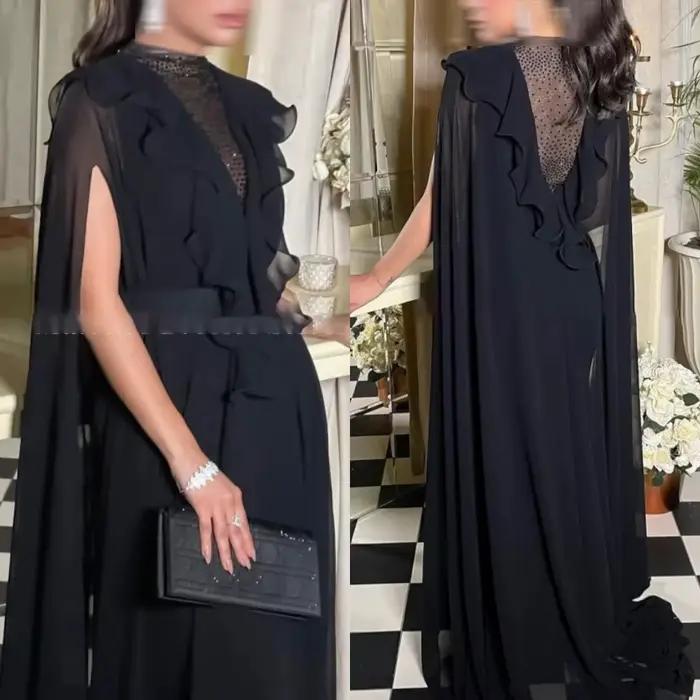 Robe de soirée en mousseline de soie noire, personnalisée, de haute qualité, élégante, gracieuse, col ras du cou, manches longues, robes de célébrité, robe de bal classique