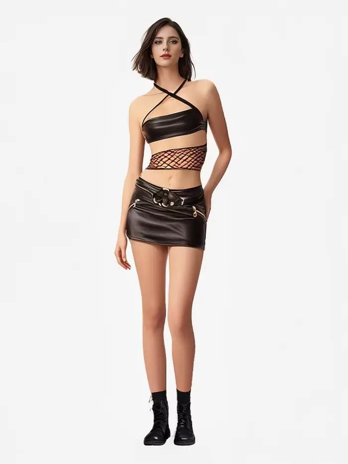 Micro mini jupe en cuir noir pour femme avec fermetures éclair