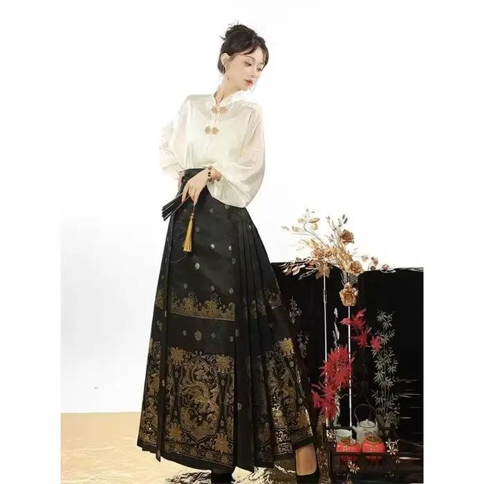 Chemise Hanfu traditionnelle chinoise, jupe à visage de cheval tissée en or, robe en tissu Jacquard, vêtements pour femmes