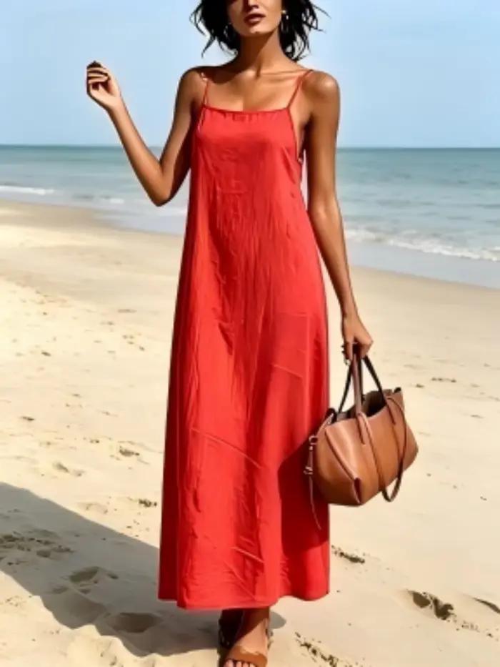 Robe longue droite à fines bretelles en lin rouge pour femme, robe d'été sophistiquée amincissante pour les vacances à la plage