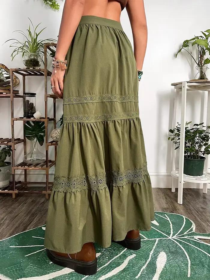 Jupe longue en dentelle vintage pour femme, vert militaire, noir, été