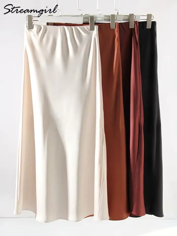 Femmes été Beige jupes longues tendances 2025 taille haute Maxi jupe d'été rayonne soie crayon côté fente Satin