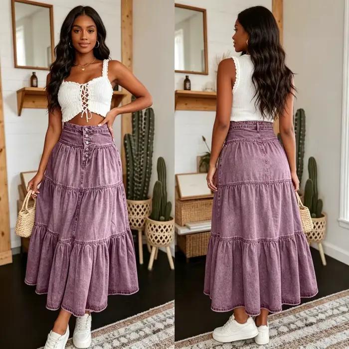 Jupe longue femme vintage en jean superposée style gâteau