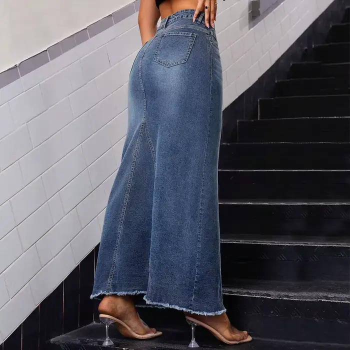 Jupes femmes Denim jupe longue hanche enveloppement taille haute poches extensibles lavé femme été Streetwear Vintage une ligne en détresse 2025