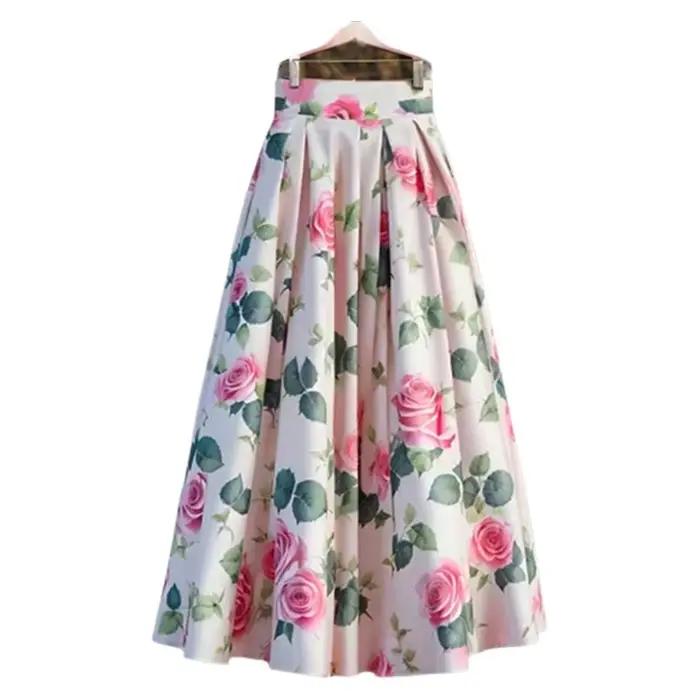 Jupe longue imprimée roses décontractée pour femmes printemps été ajustement mince polyester voyage et affaires