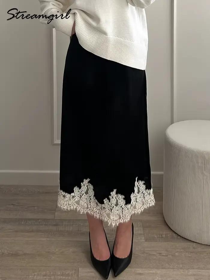 Jupe midi en satin avec dentelle marron pour femme