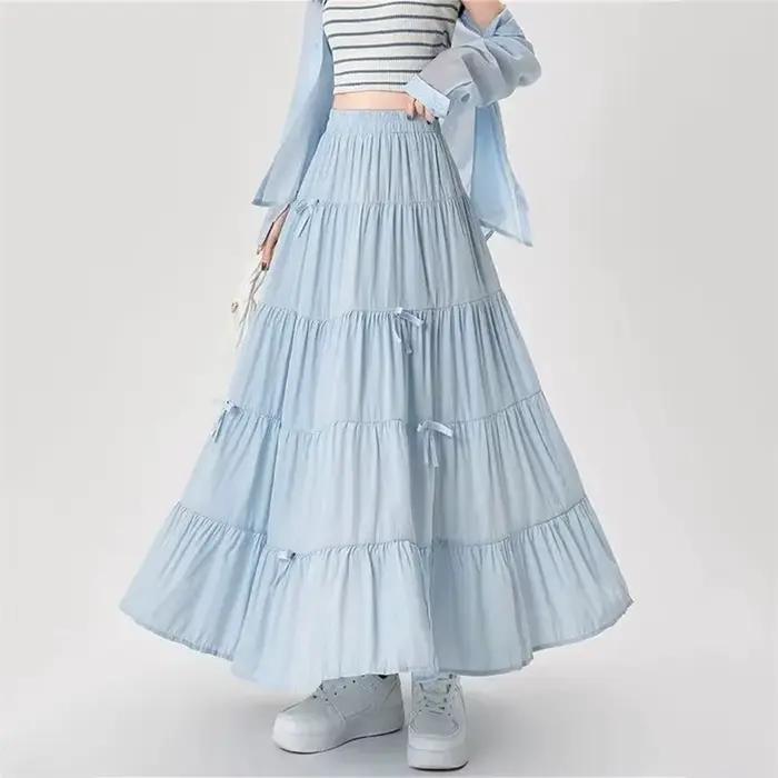 Jupe longue plissée bleue à nœud pour femme
