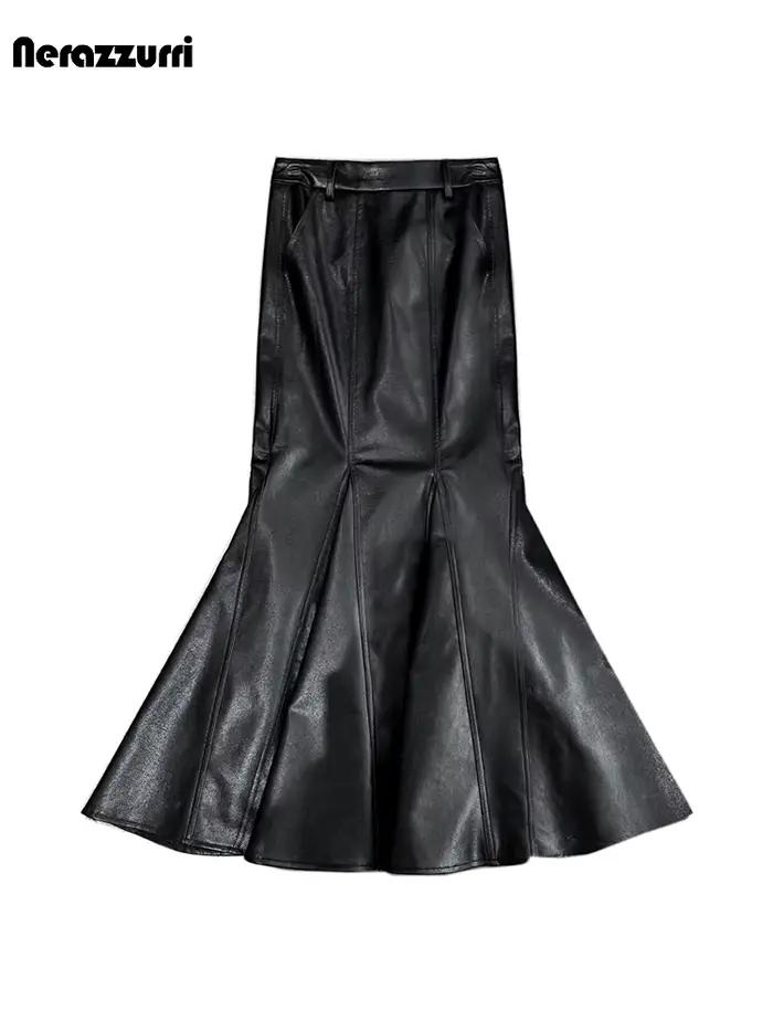 Lautaro printemps Chic élégant noir doux Pu cuir Midi sirène trompette jupe femmes taille haute Extra longue luxe élégant vêtements