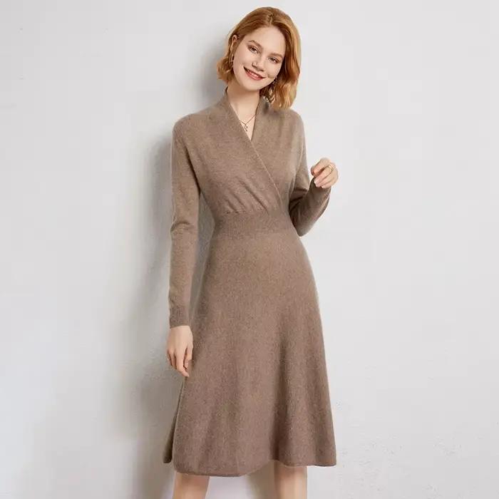Jupe en cachemire pour femmes avec décolleté en V, longueur aux genoux, matière douce et élastique, style bureau dame, adapté aux saisons d'automne et d'hiver