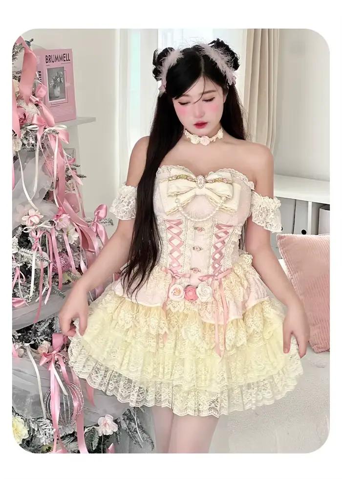 Jupe rose Lolita originale pour filles, style junior, avec noeuds aught, dégradé initié, tube top, hot girl, JK, kawaii cake, mini jupe d'été trempée