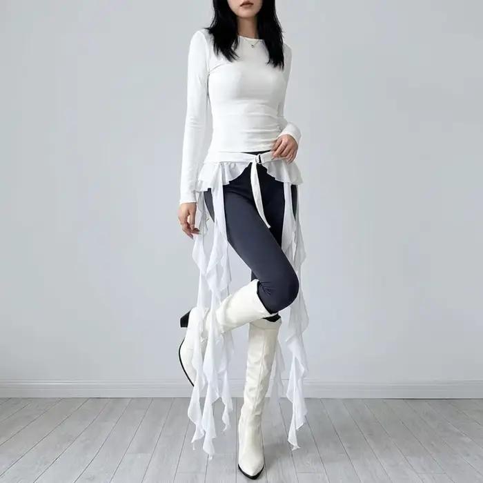 Jupe cache-cœur ajustable à boucle, taille haute, style Y2K, mini tablier, couleur unie, ourlet irrégulier, volants, superposition cache-cœur