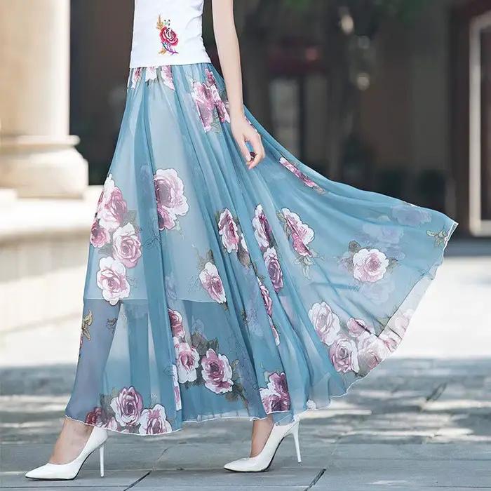 Jupe longue taille haute en mousseline de soie pour femme