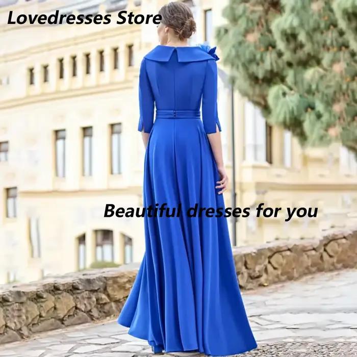 Robes personnalisées pour la mère de la mariée, bleu royal, col en V, manches 3/4, fleurs 3D, robe longue formelle pour invitées de mariage, robe de soirée