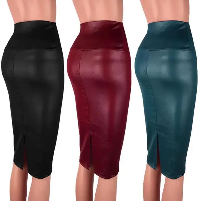 Mode élégante taille haute fendu Faux cuir jupe femmes genou longueur moulante