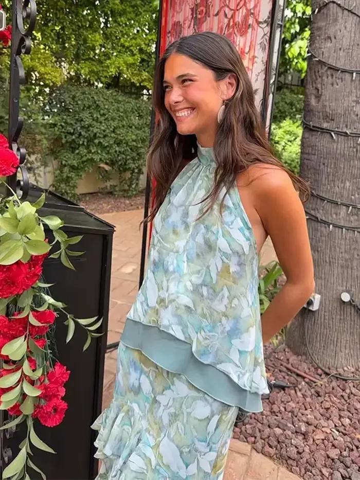 Ensemble jupe longue et haut dos nu à imprimé floral pour femme, sans manches, avec jupes à volants, tenue de plage bohème pour les vacances, été 2026