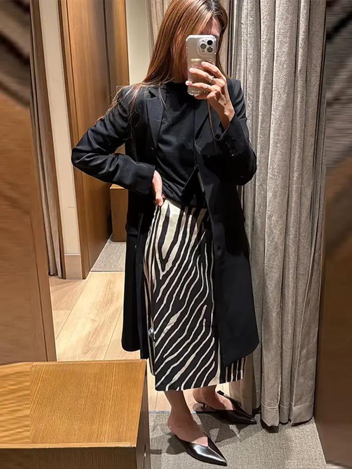 Jupe midi à taille haute à imprimé zèbre, froncée devant, coupe droite, automne 2026, jupe vintage de style urbain pour femmes, jupe élégante et décontractée.