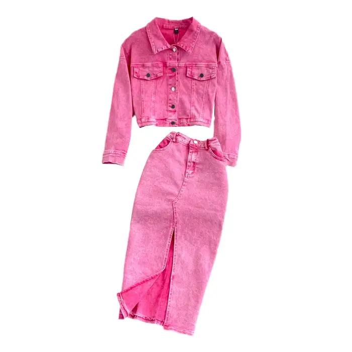 Denim 2 pièces ensembles veste jupe femmes costume jupes longues tenues d'extérieur simple boutonnage poches lavé manteau Ensemble 2025