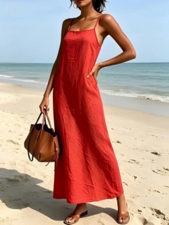 Robe longue droite à fines bretelles en lin rouge pour femme, robe d'été sophistiquée amincissante pour les vacances à la plage