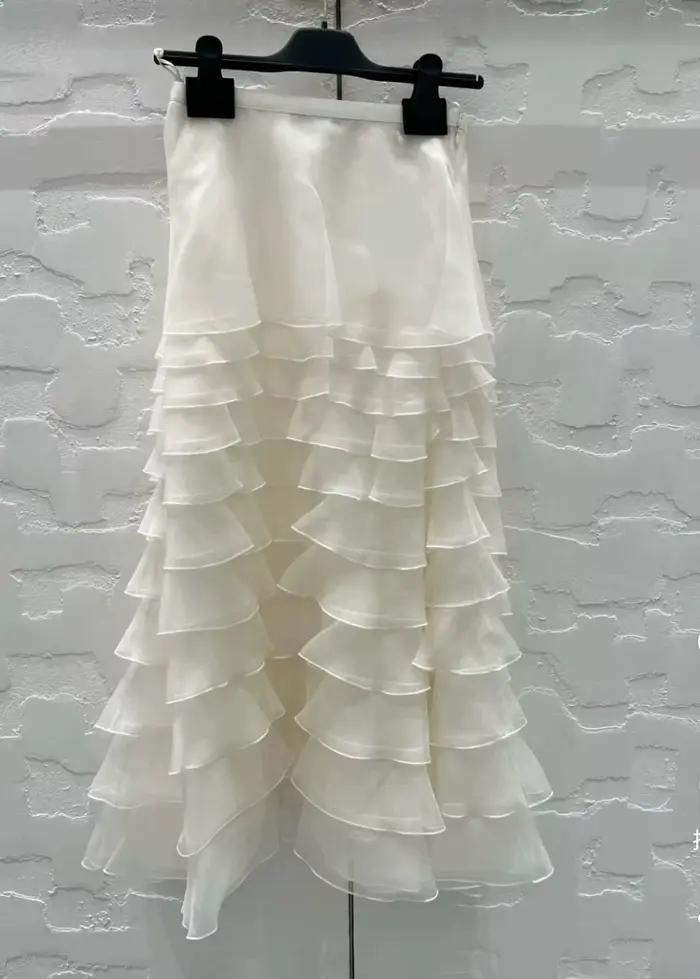 Jupe trapèze asymétrique taille haute pour femme en soie à volants