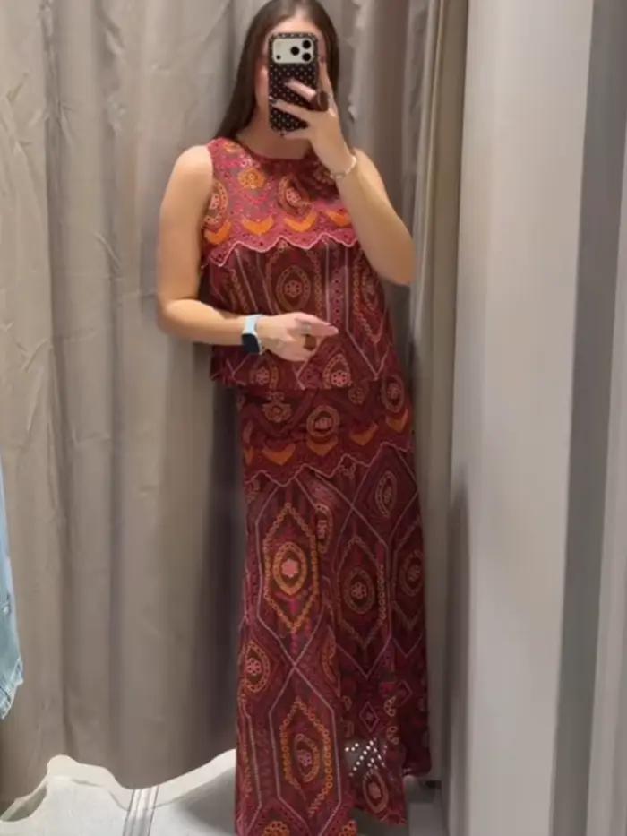 Ensemble jupe élégante pour femme HH 2026 : Haut brodé sans manches à col rond ajouré + Jupe midi plissée chic à taille haute avec fermeture éclair