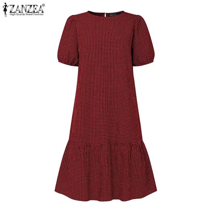 ZANZEA Robe décontractée à carreaux pour femme, col rond, manches courtes bouffantes, ourlet à volants, longueur genou, été, usage quotidien, Vestidos Mujer