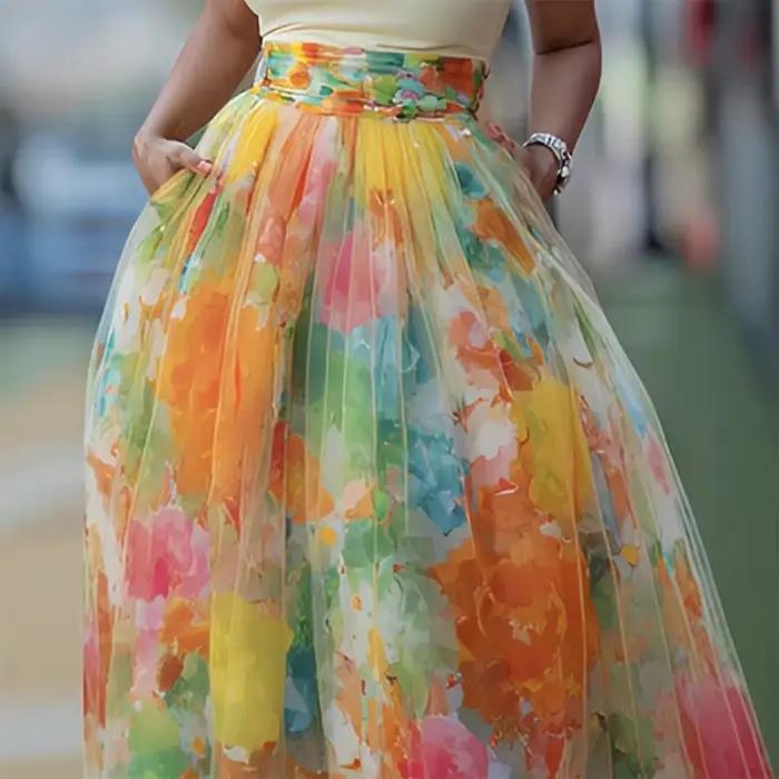 Jupe midi en tulle à imprimé floral