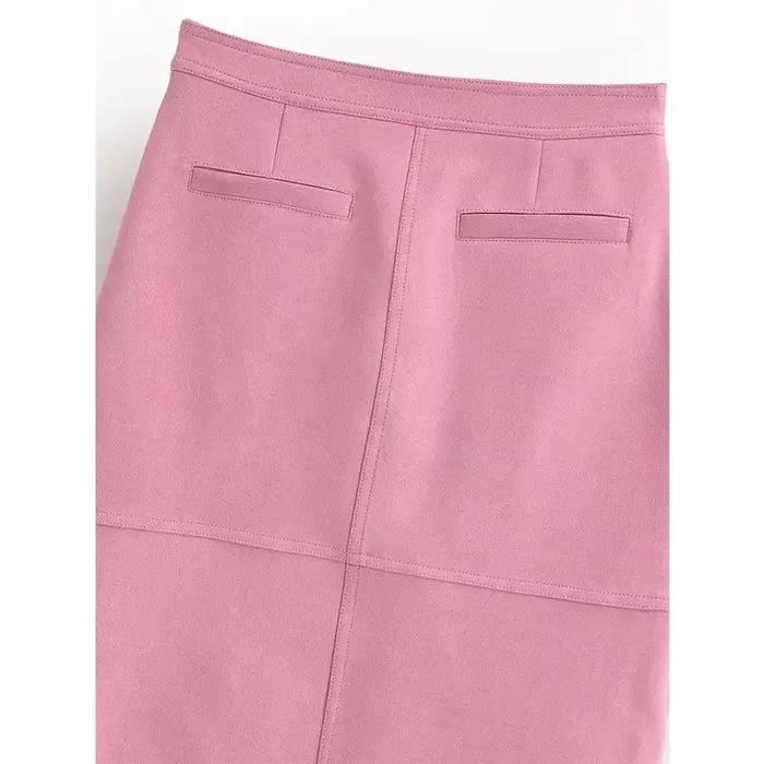 YENKYE Jupe midi rose en faux daim pour femme, avec fente avant et fermeture éclair, élégante, pour le bureau et le travail
